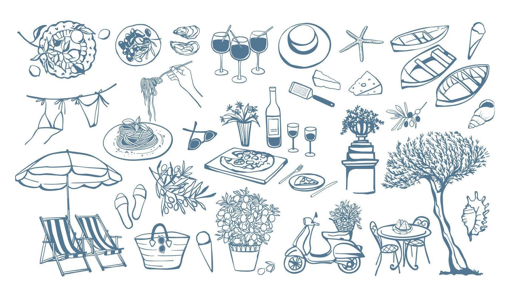 Italian style vacation hand drawn illustrations set. Mediterranean food, plants and seaside attributes vector