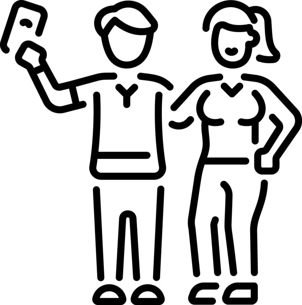 Two friends taking a mobile selfie, linear style icon vector