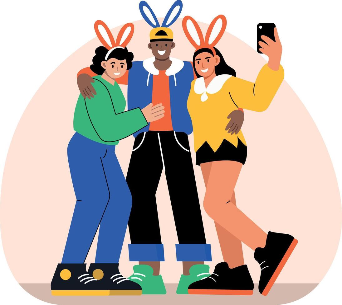 A group of friends taking easter selfie, flat illustration vector