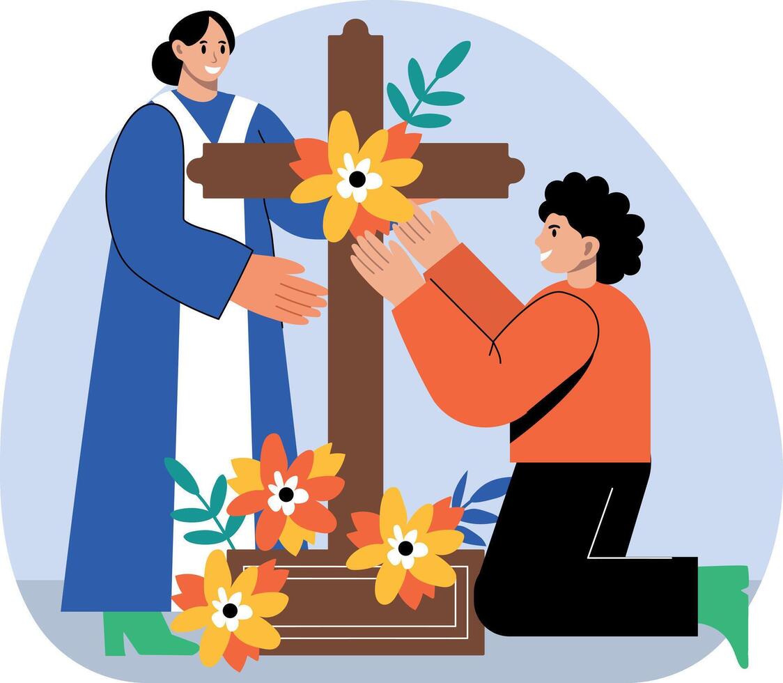 Flat illustration showing two characters decorating cross with flowers vector
