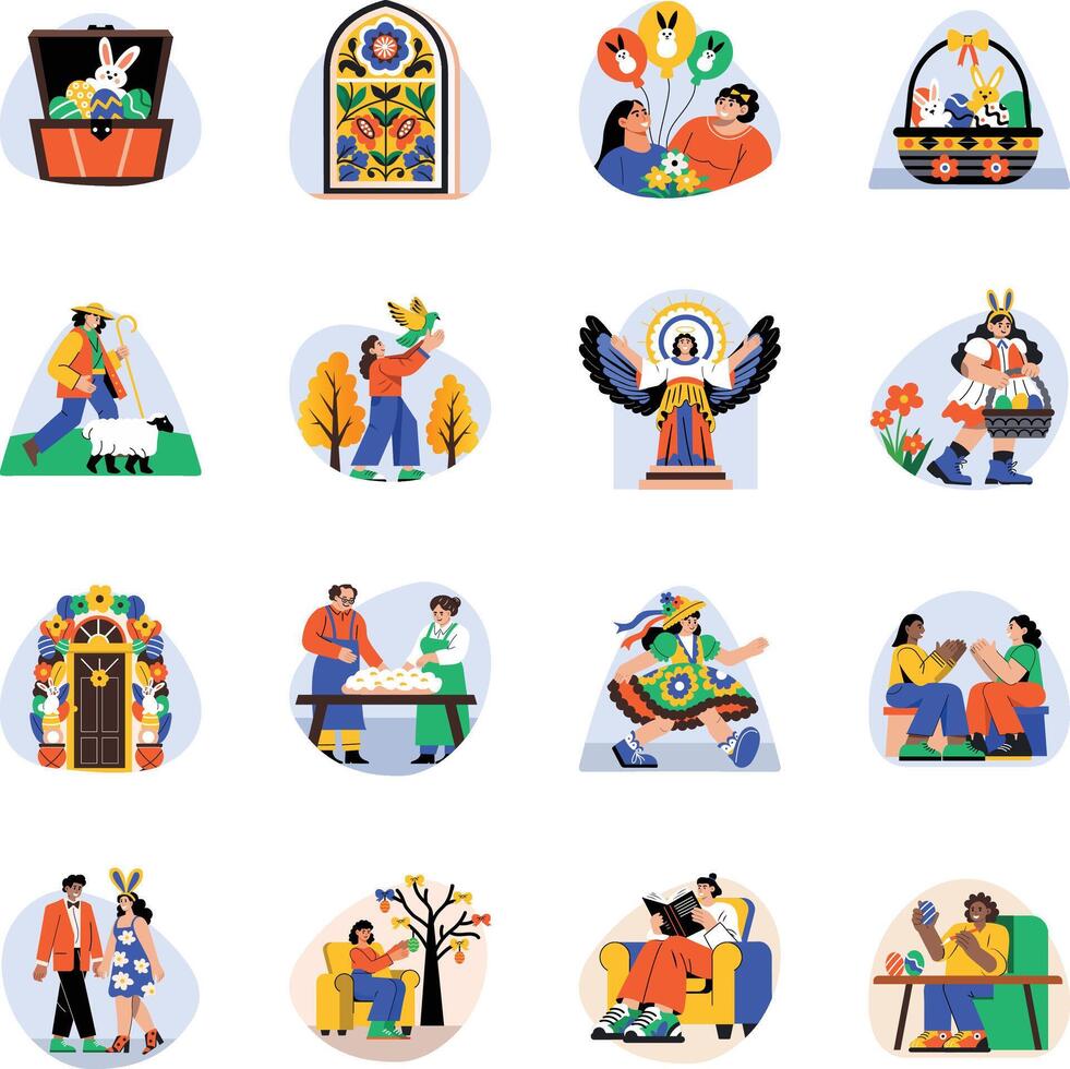 Set of Flat Style Easter Celebration Illustrations vector