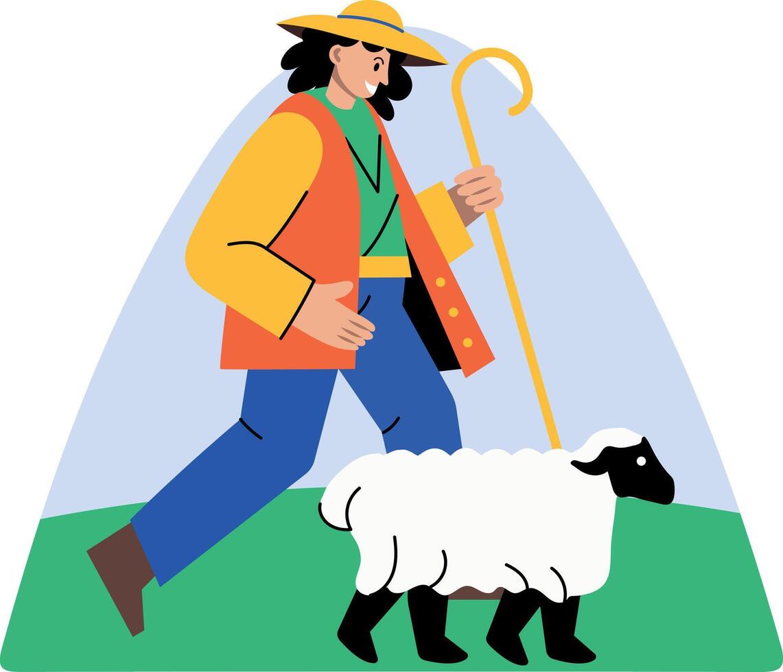 A flat style illustration of a lamb shepherd vector