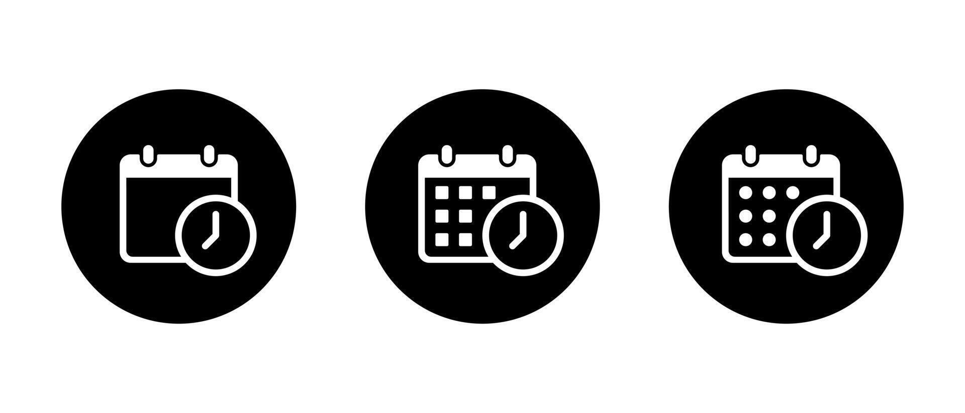 Calendar with time icon set on black circle. Date schedule with clock sign symbol vector