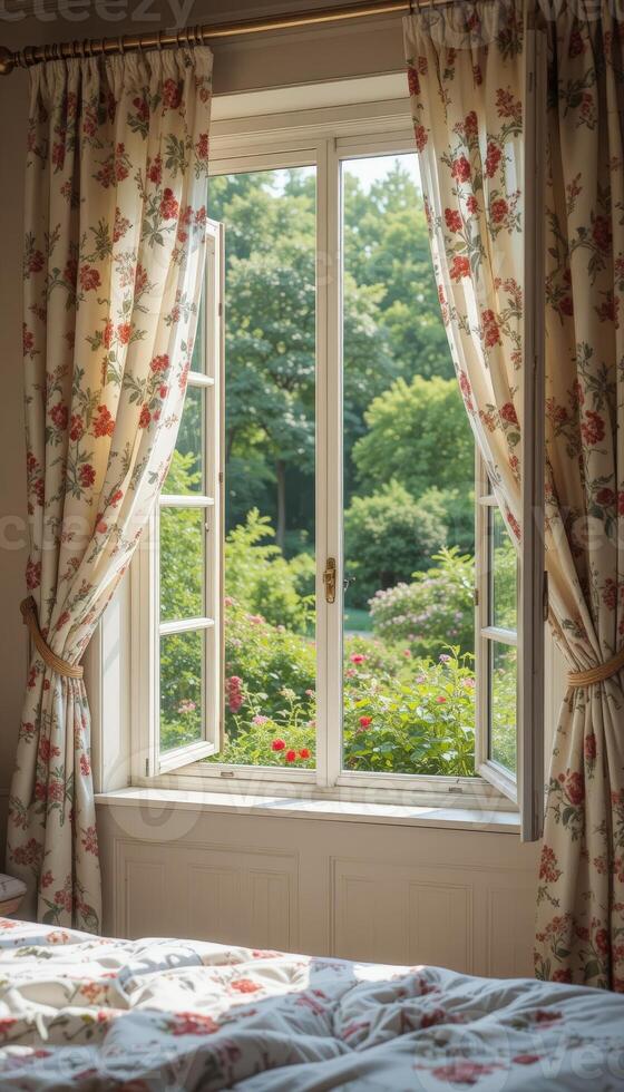 A cozy bedroom window adorned with floral curtains, providing a view of lush garden greenery just outside, creating a peaceful and inviting atmosphere. photo