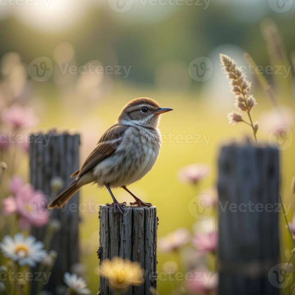 A close-up of a bird perched on a wooden post amidst blooming flowers and greenery, showcasing nature's beauty. Ideal for wildlife and nature enthusiasts. photo