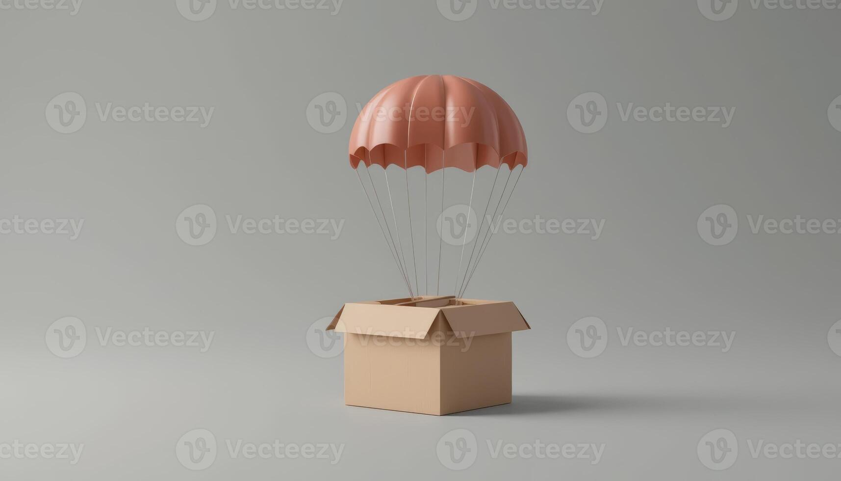A cardboard box being delivered by a parachute, depicting surprise packages or logistics. Great for e-commerce, delivery services, and marketing themes. photo
