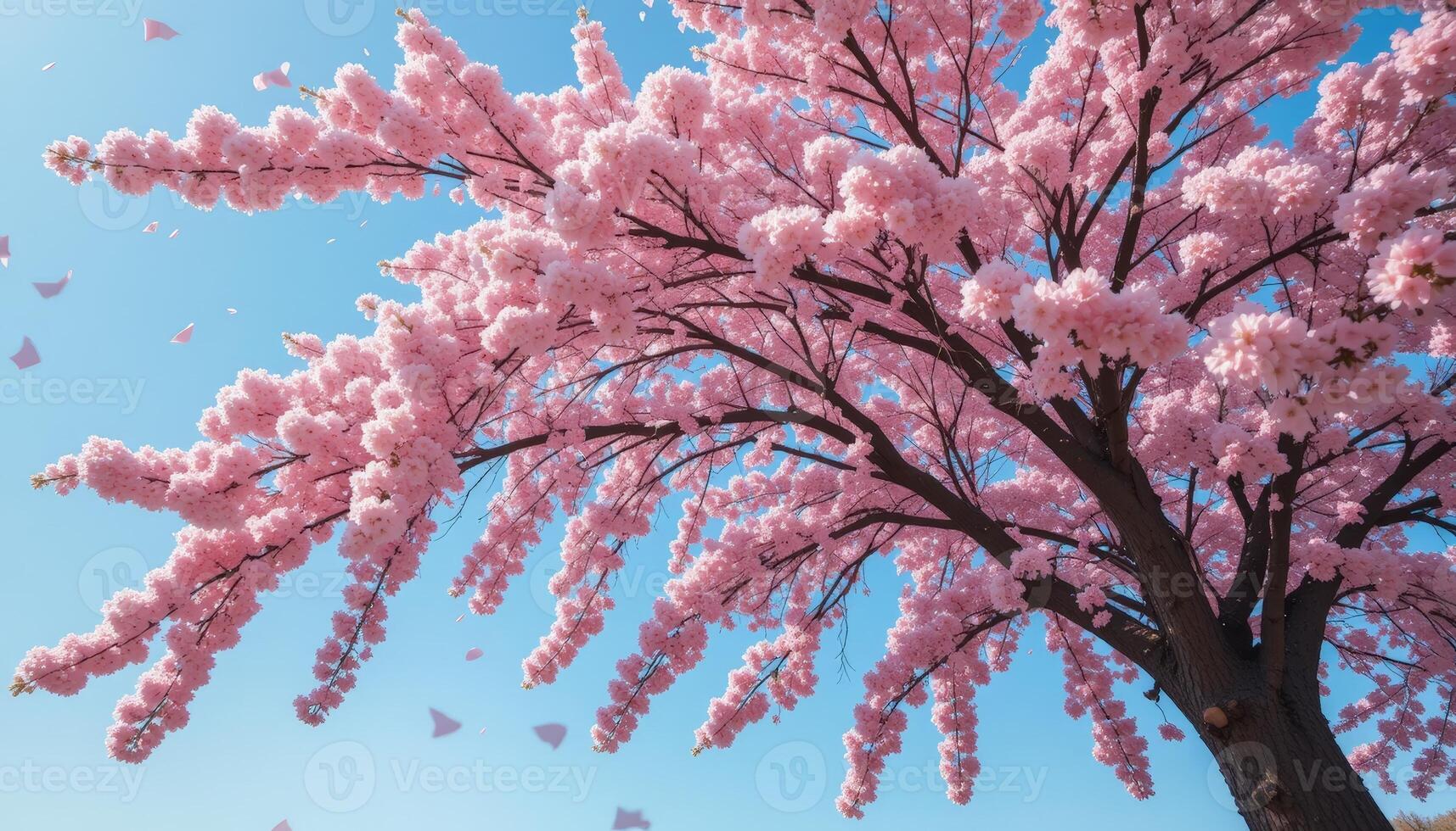 A majestic cherry blossom tree in full bloom against a clear blue sky, showcasing the vibrant pink flowers swaying gently in the spring breeze. photo