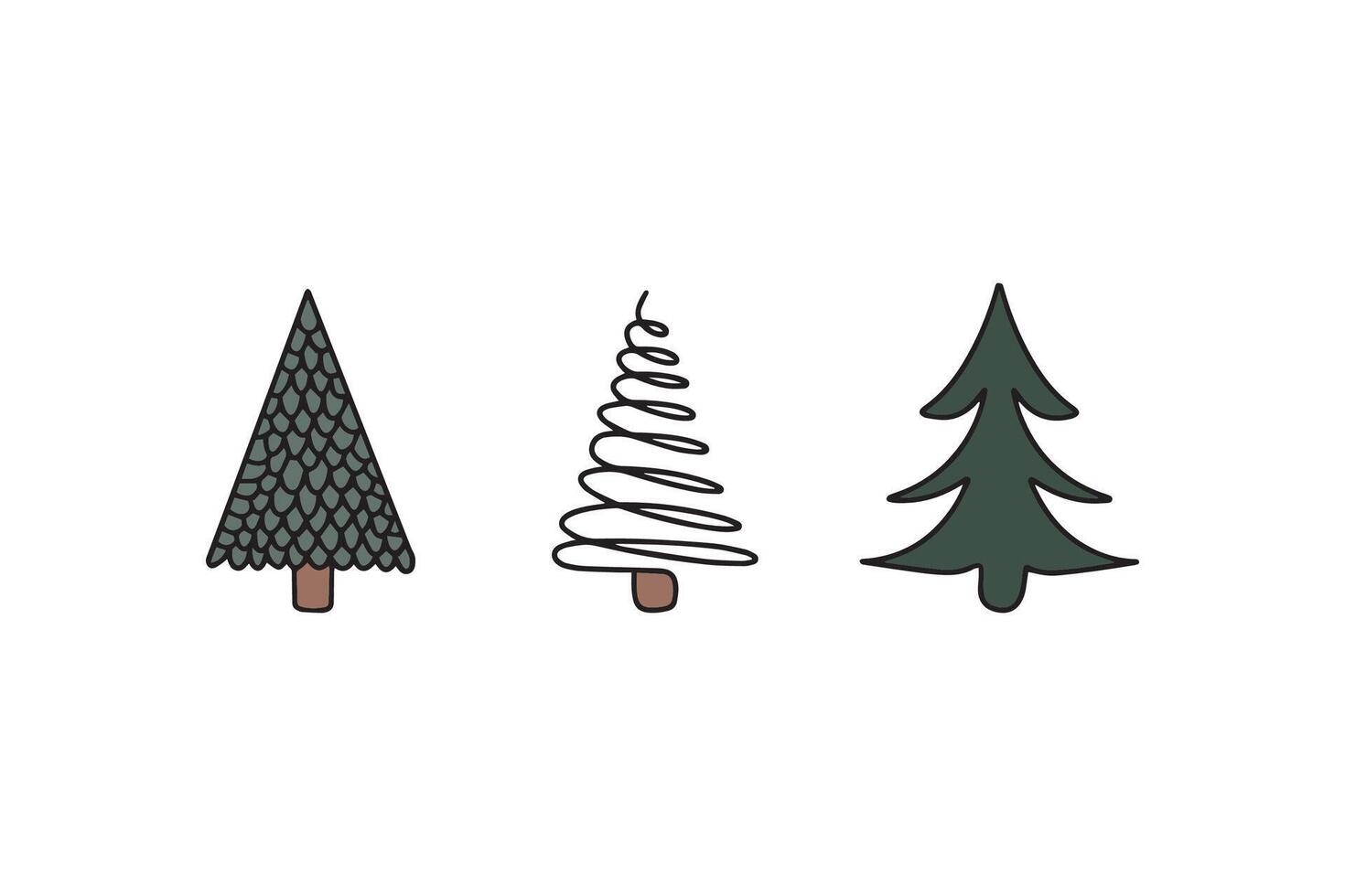 Set of hand drawn abstract linear Christmas trees. Trendy Fir trees in doodle style. Perfect for holiday greeting cards and packaging. illustration vector