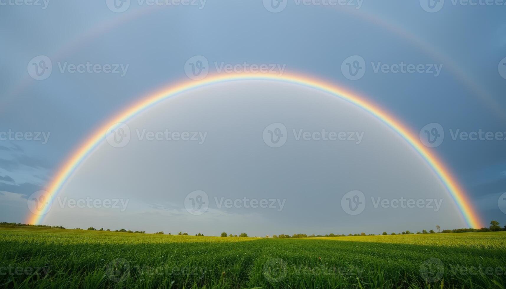 A vibrant double rainbow arcs over a lush green field under a blue sky, showcasing the beauty of nature after rainfall. photo