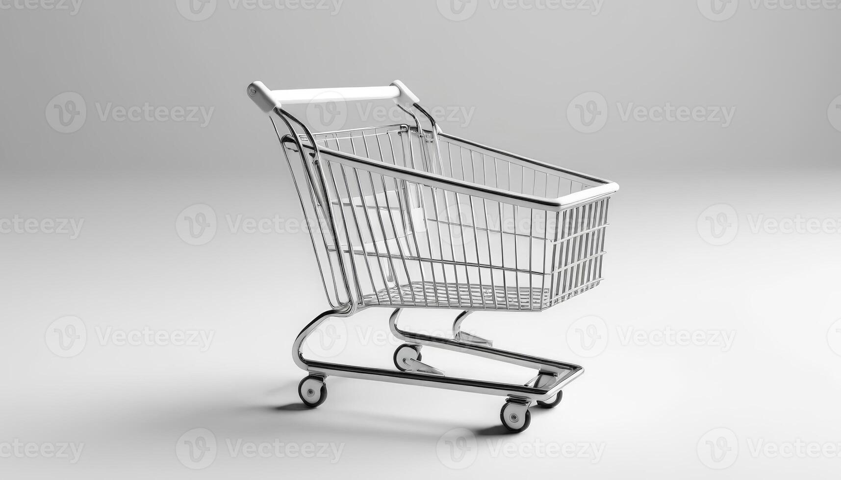 A stainless steel shopping cart with a clean design on a gray background, ideal for supermarket and retail industry representations. photo