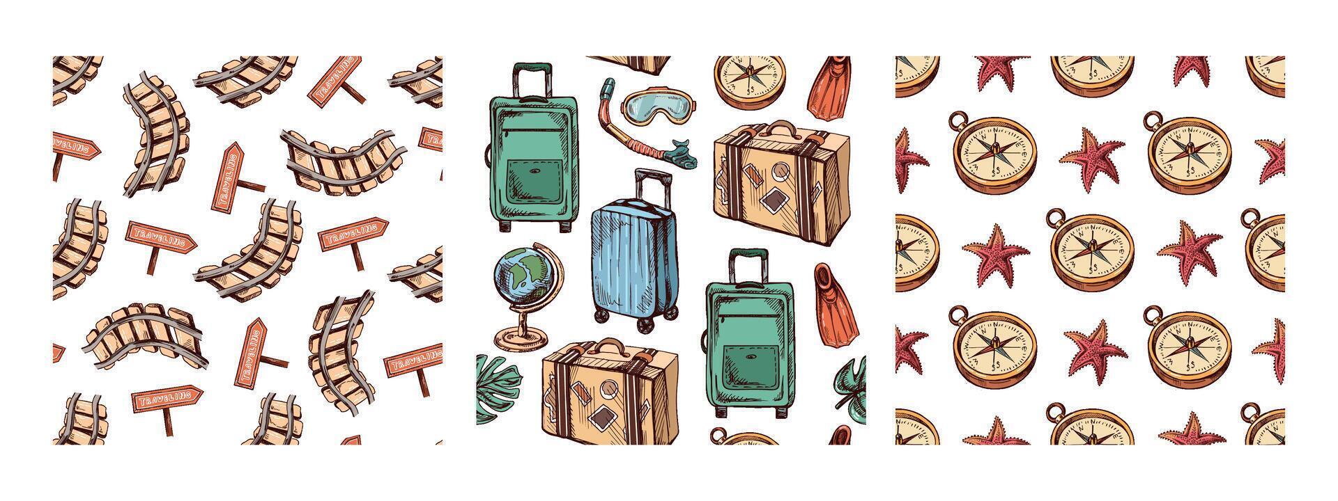 Set of seamless travel patterns with road signs, railway tracks, suitcase, diving mask, flippers and globe in hand drawn sketch vintage style vector