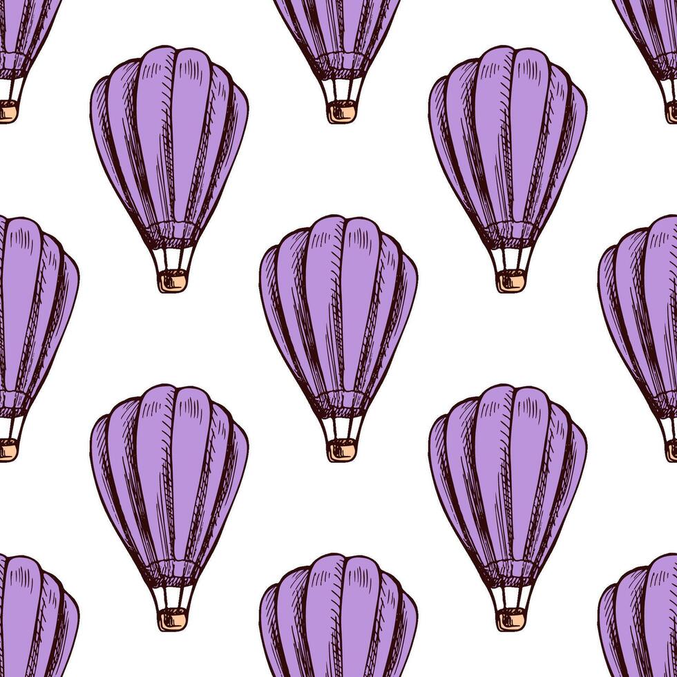 Seamless pattern with purple hot air balloon in hand drawn sketch vintage style vector