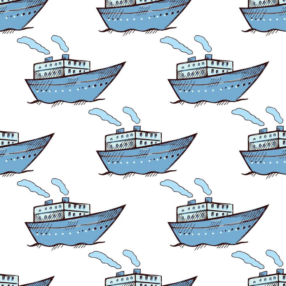 Seamless pattern with hand drawn cruise ship in hand drawn sketch vintage style vector