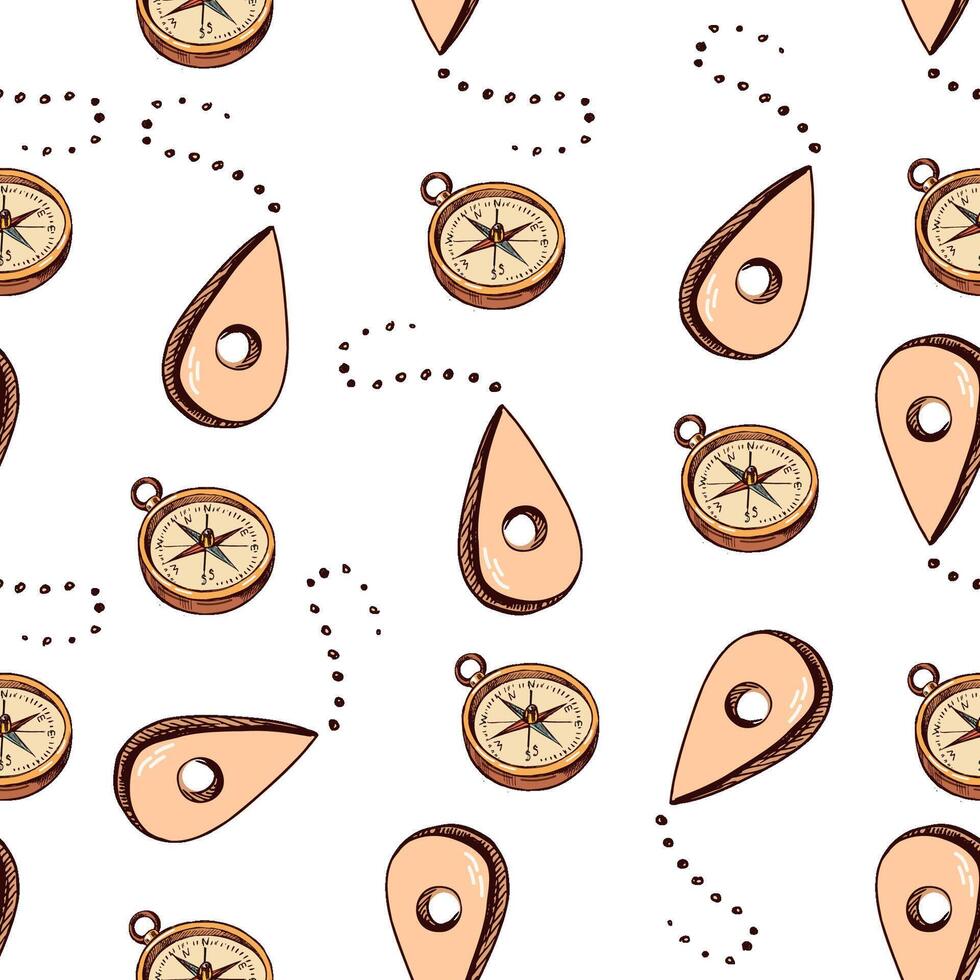 Seamless pattern with hand drawn compass and location pin icons in hand drawn sketch vintage style vector
