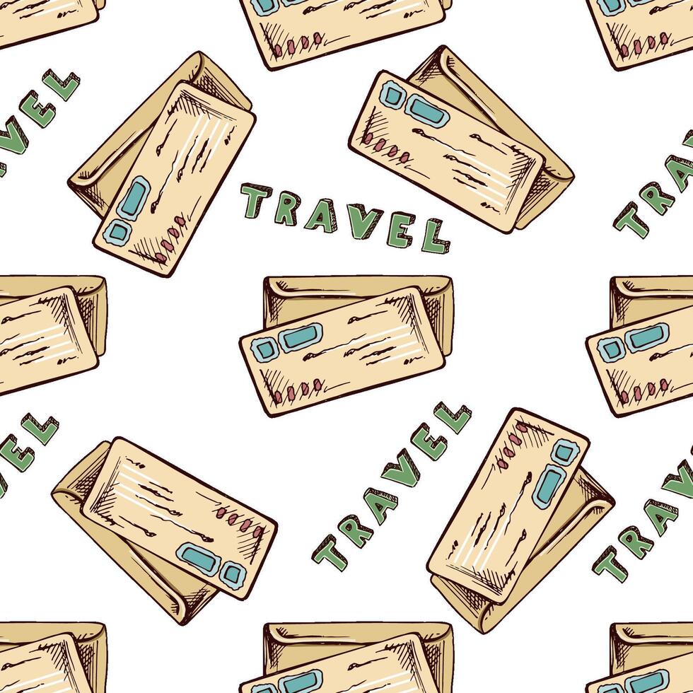 Seamless pattern with envelope and travel text in hand drawn sketch style, vintage beige and green color vector