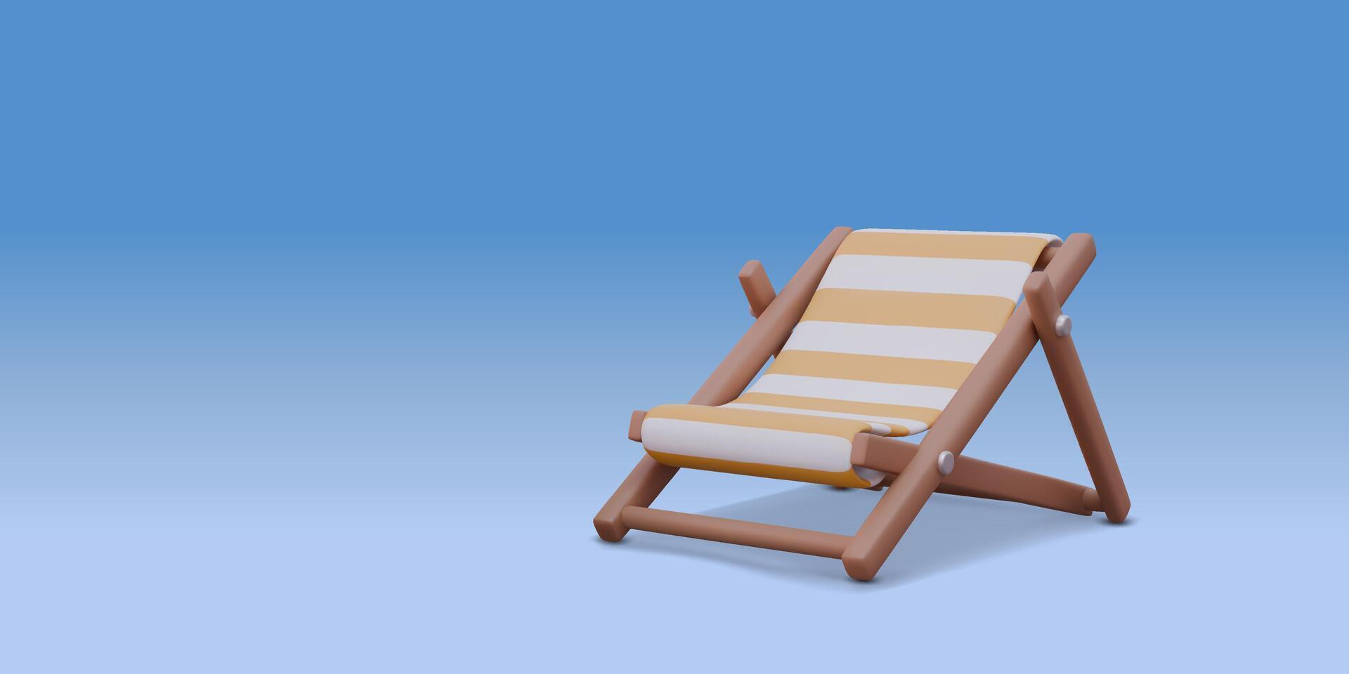 3D Icon Yellow Striped Beach Chair with Shadow. Coastal chaise lounge Summer Time to Travel. stylized illustration vector