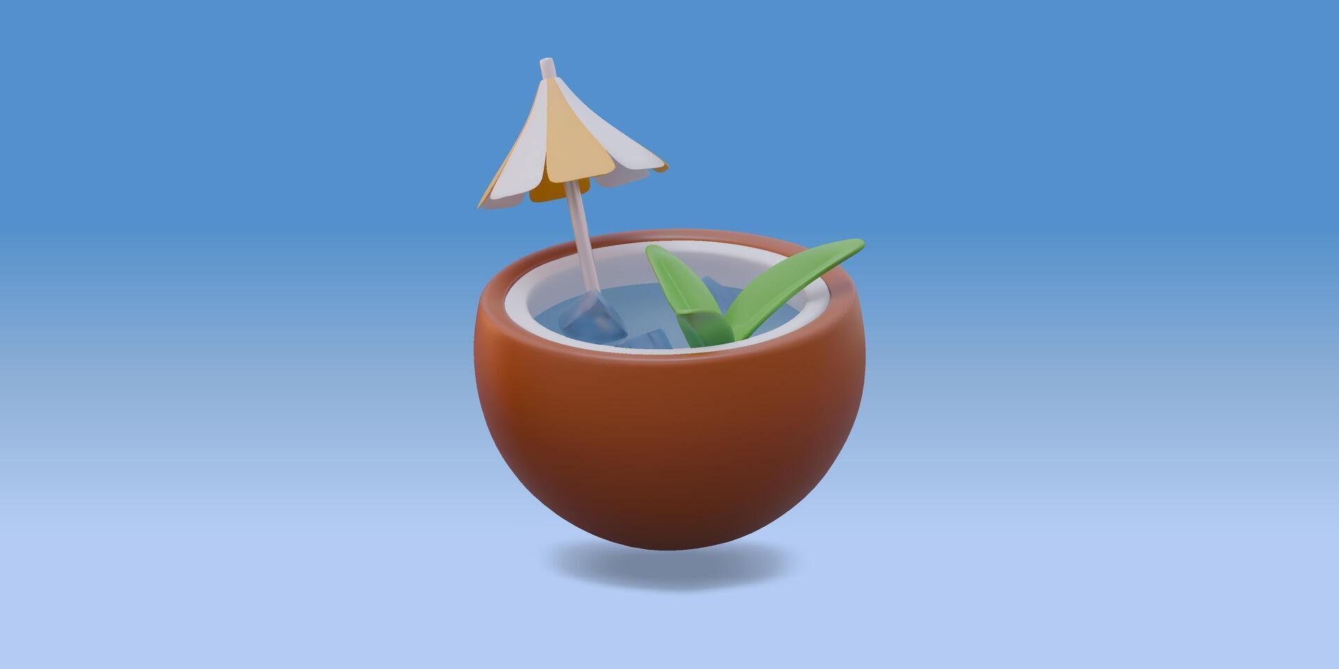 3D Icon coconut cocktail with umbrella with Shadow. Cold Refreshing tropical Drink Summer Time to Travel. stylized illustration vector