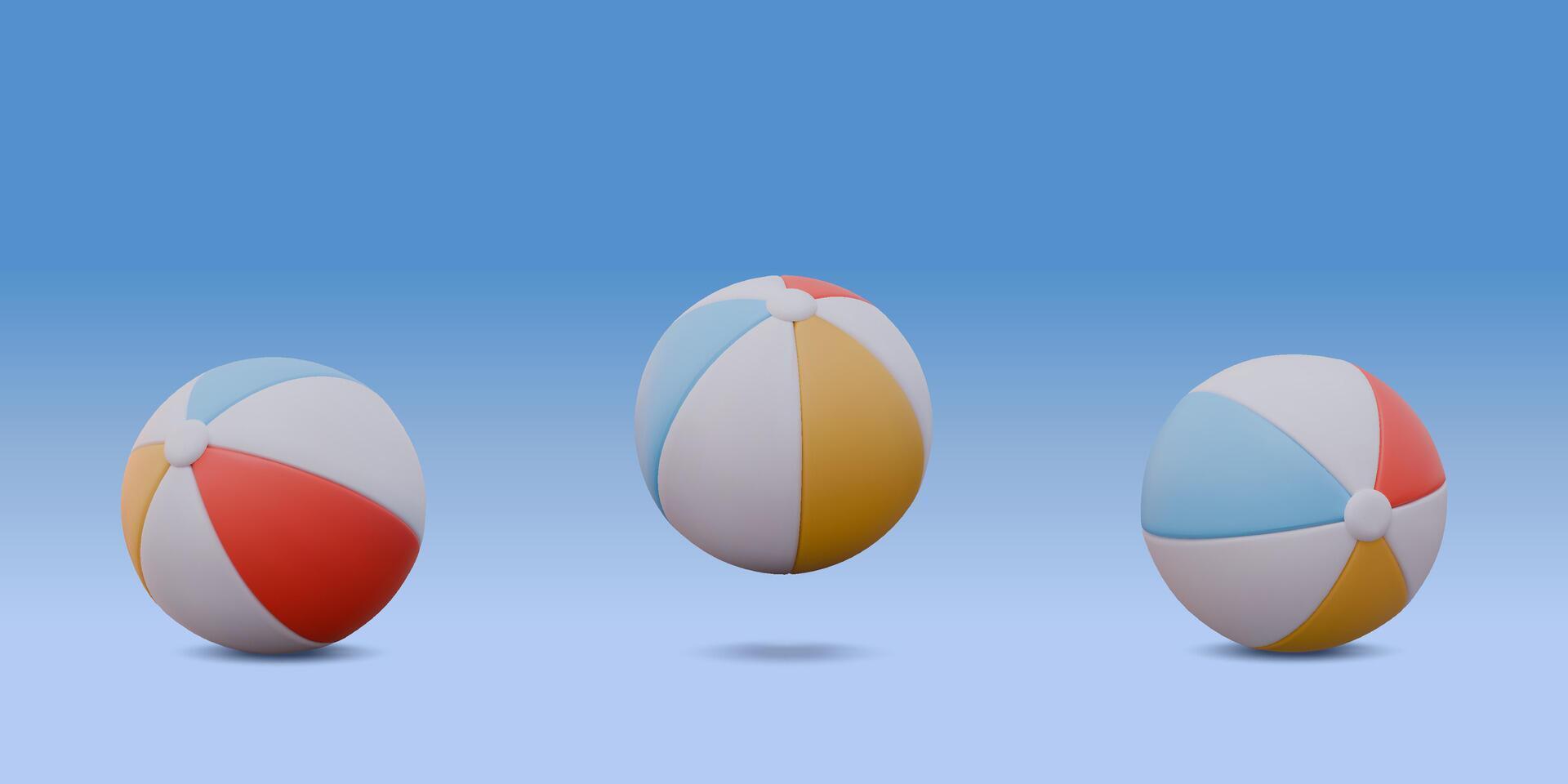 Set of 3D Beach Balls. Inflatable toy, Red, Yellow, Blue Striped. Time to Travel. illustration on gradient background vector