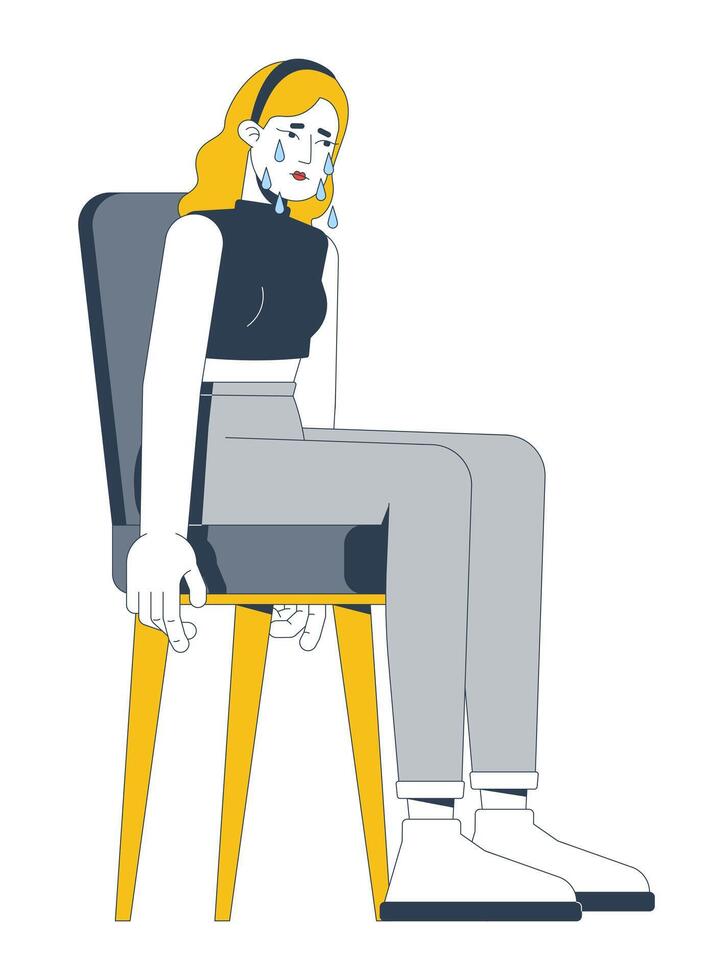Sad blonde woman sitting on chair with tears falling down 2D cartoon character. Emotional exhaustion, grief. Caucasian female crying flat person isolated on white. Spot illustration colorful vector