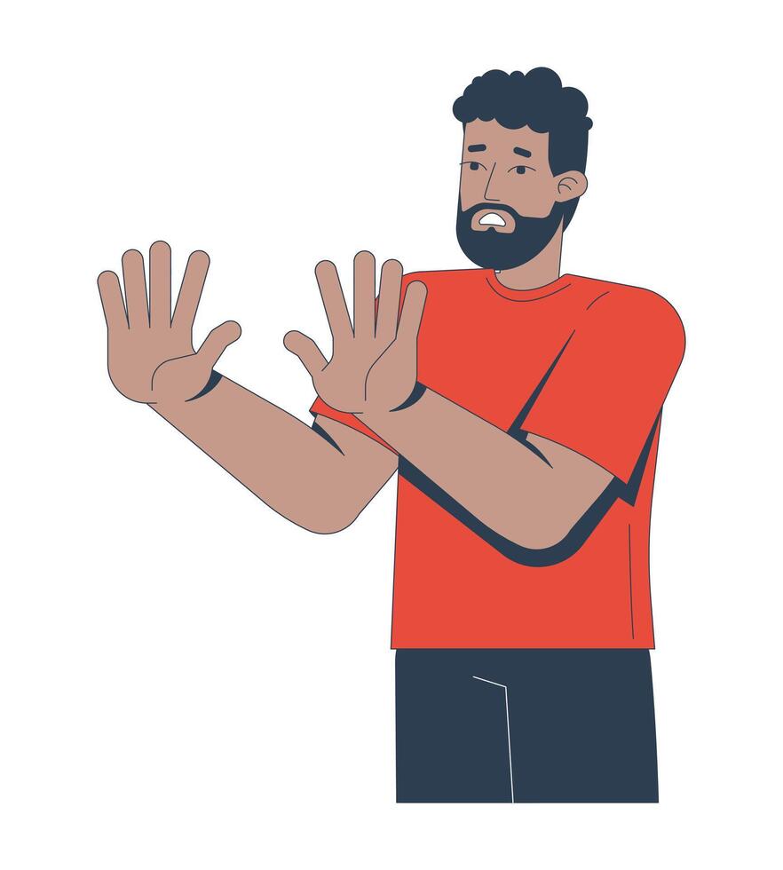 African american man rejecting with hands holding up 2D cartoon character. Refusal pose, discomfort. Concerned black guy pushing away flat person isolated on white. Spot illustration colorful vector