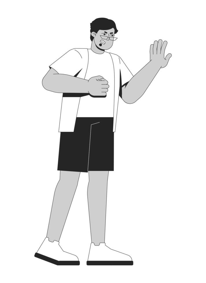 Angry middle eastern man fist clenched and raising hand 2D line character. Heart attack symptom. Guy experiencing discomfort, pain isolated ink outline person. Monochromatic spot illustration vector