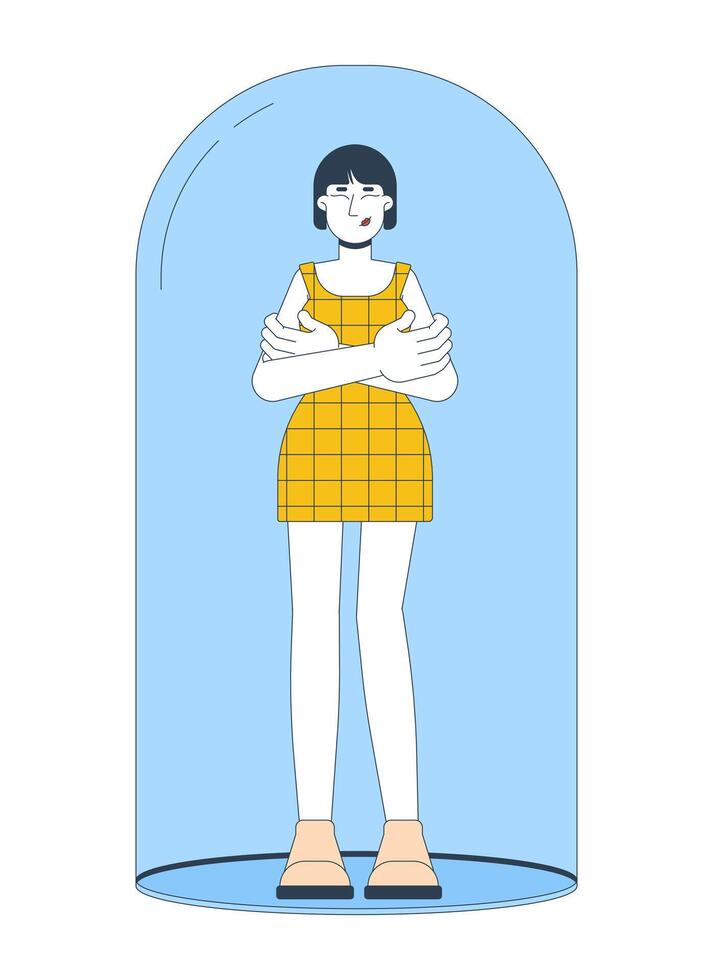 Smiling korean woman standing inside transparent glass dome 2D cartoon character. Emotional isolation. Arms crossed in protection flat person isolated on white. Spot illustration colorful vector