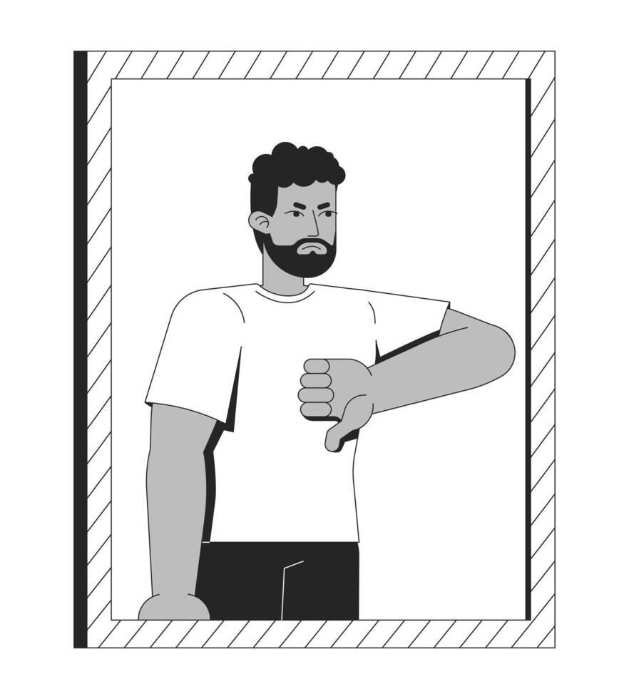 Angry black man in mirror giving thumb down disapproval 2D line character. Negative feedback. African american guy unsatisfied isolated ink outline person. Monochromatic spot illustration vector