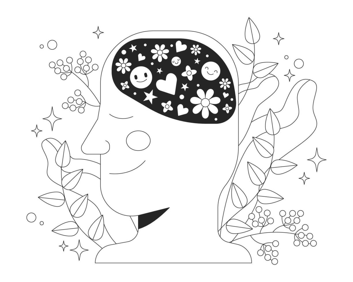 Mental health line illustration concept. Peaceful mind with positive thoughts. Mindfulness, positivity. Calm smiling face with flowers outline 2D character isolated. Ink linear drawing art vector