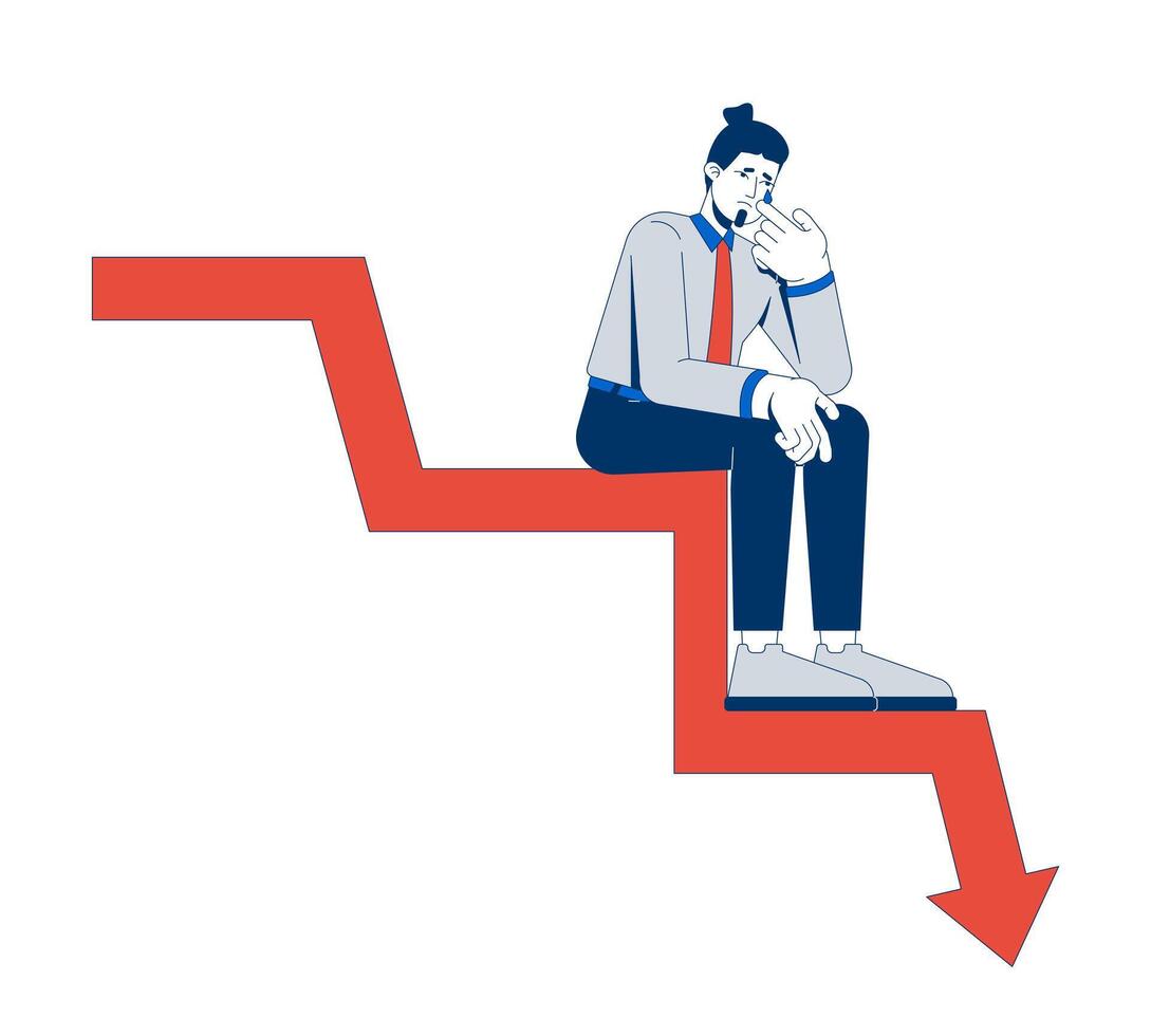 Distressed businessman sitting on declining arrow chart 2D illustration concept. Financial loss, economic downturn. Man wiping tear cartoon character isolated on white. Flat abstract graphic vector