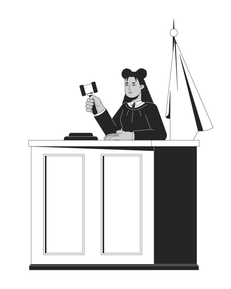 Latina judge woman with gavel making verdict at courtroom desk 2D line character. Legal authority. Professional judiciary female isolated ink outline person. Monochromatic spot illustration vector