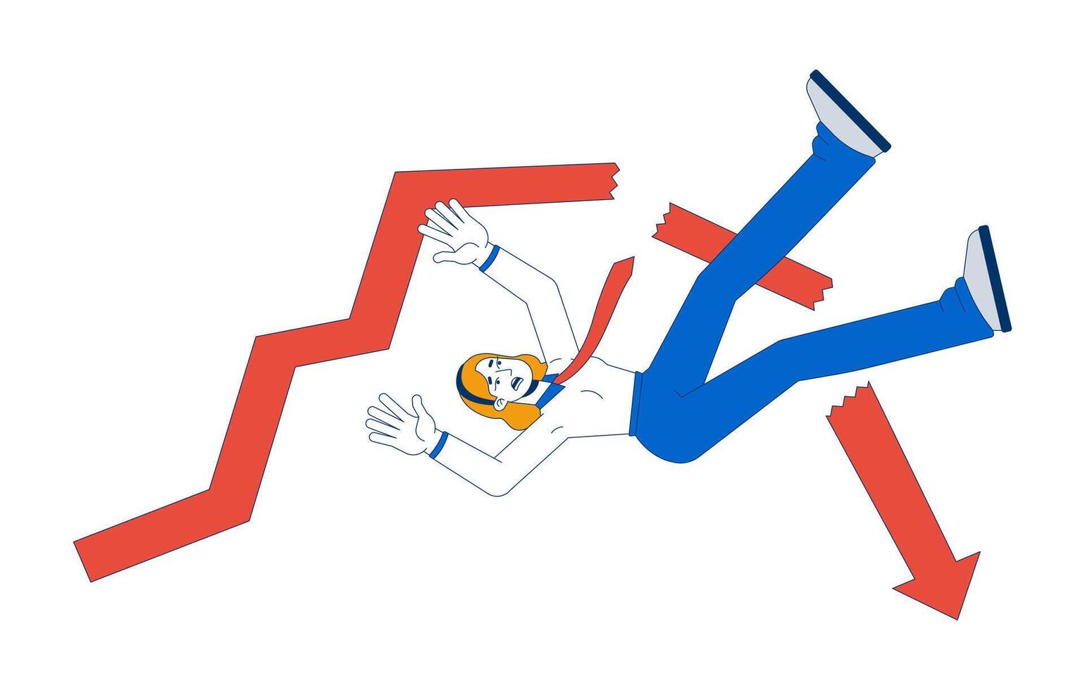 Panicked businesswoman falling with breaking chart arrow 2D illustration concept. Failure, economic crash. Office worker collapse cartoon character isolated on white. Flat abstract graphic vector