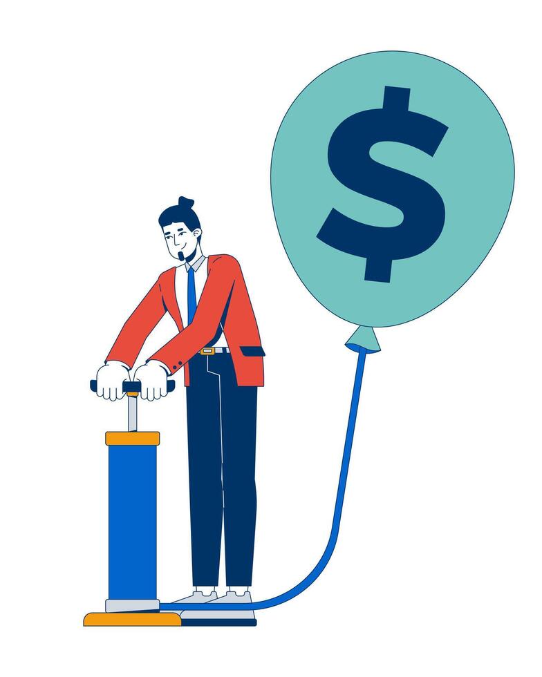 Financial bubble 2D illustration concept. Inflation. Currency devaluation. Business man pumping air into balloon with dollar sign cartoon character isolated on white. Flat abstract graphic vector