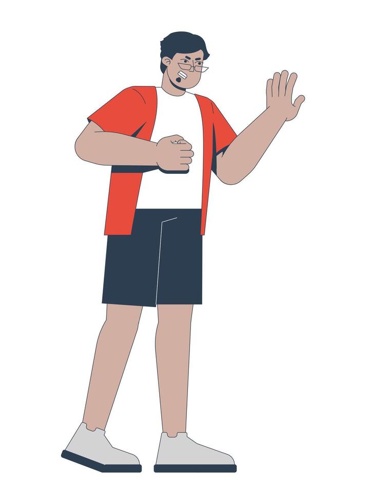 Angry middle eastern man fist clenched and raising hand 2D cartoon character. Heart attack symptom. Guy experiencing discomfort, pain flat person isolated on white. Spot illustration colorful vector