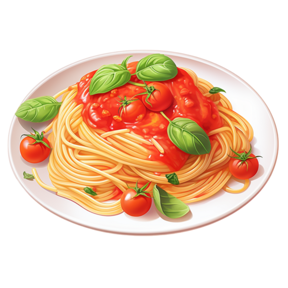 Plate of spaghetti pasta with tomato sauce fresh basil and cherry tomatoes for Italian cuisine and dinner concepts png