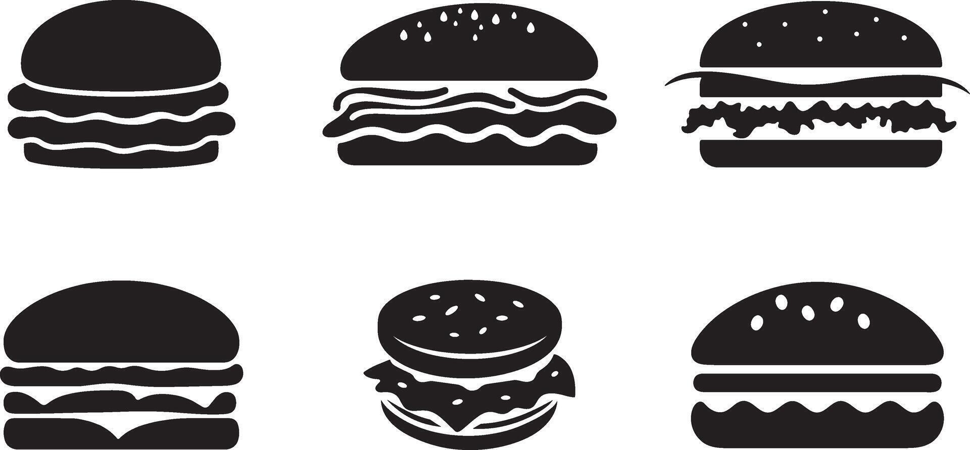 Set Of Burger Silhouette Illustration, Black and White Fast Food Icon on White Background vector