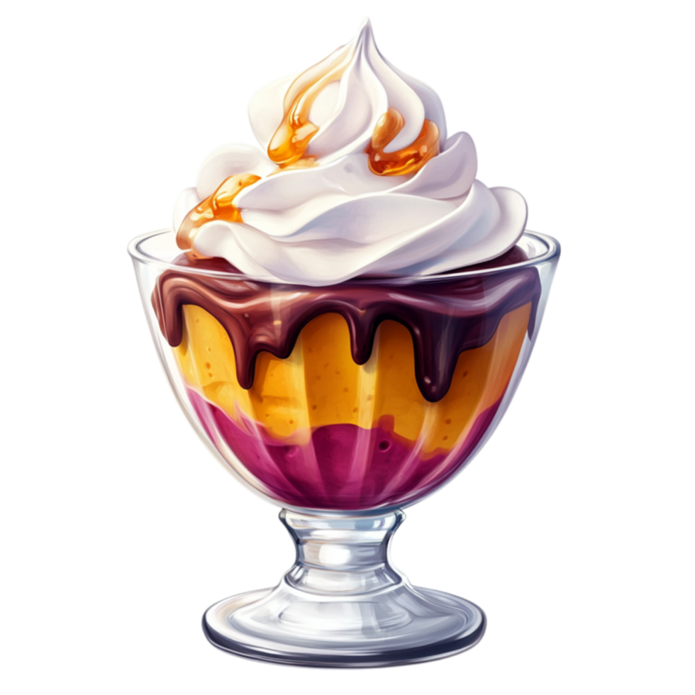 Glass of sundae with ice cream chocolate syrup and whipped cream for dessert concepts png