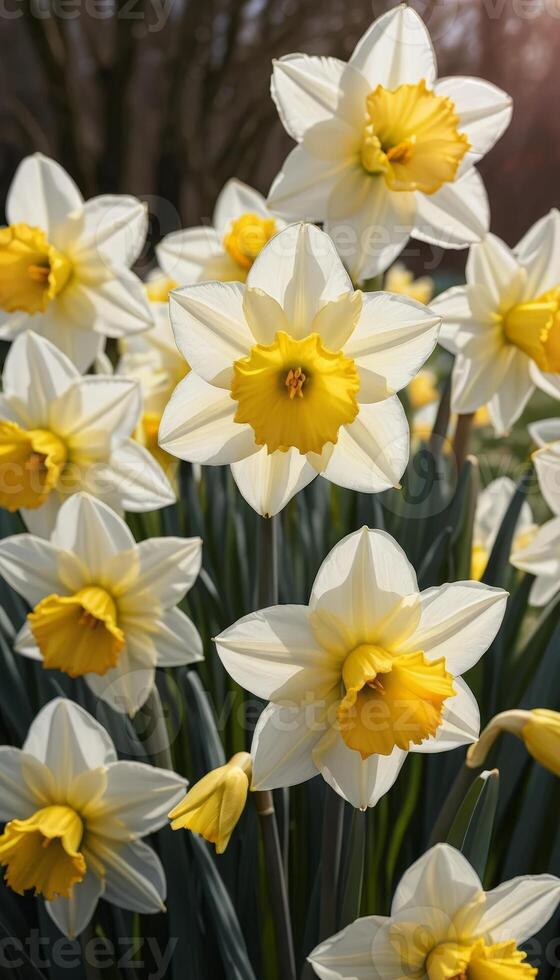 Bright yellow and white daffodils in full bloom create a stunning display in a spring garden, capturing the essence of renewal and growth, symbolizing new beginnings. photo