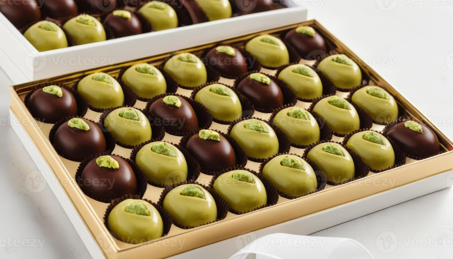 A beautifully arranged box of assorted chocolates, featuring both green and dark chocolate, perfect for gifting and special occasions. photo