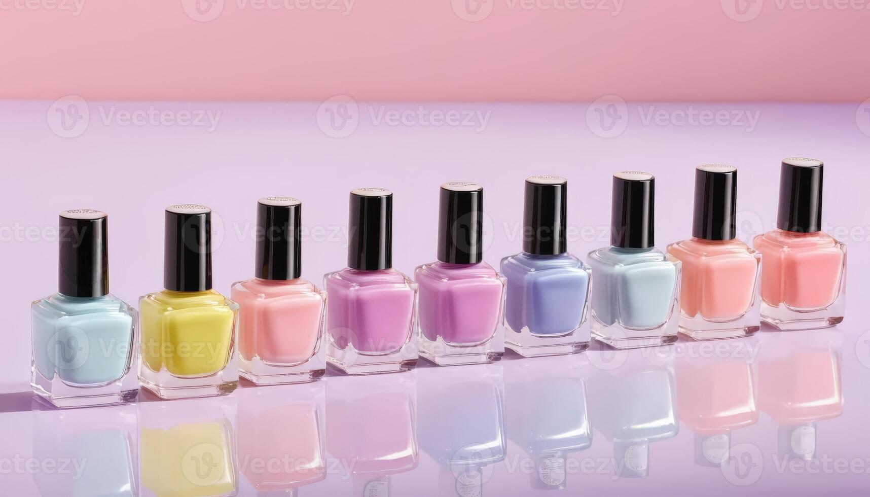A vibrant array of nail polish bottles in various pastel shades lined up neatly against a pastel background. Perfect for beauty product marketing and bloggers. photo