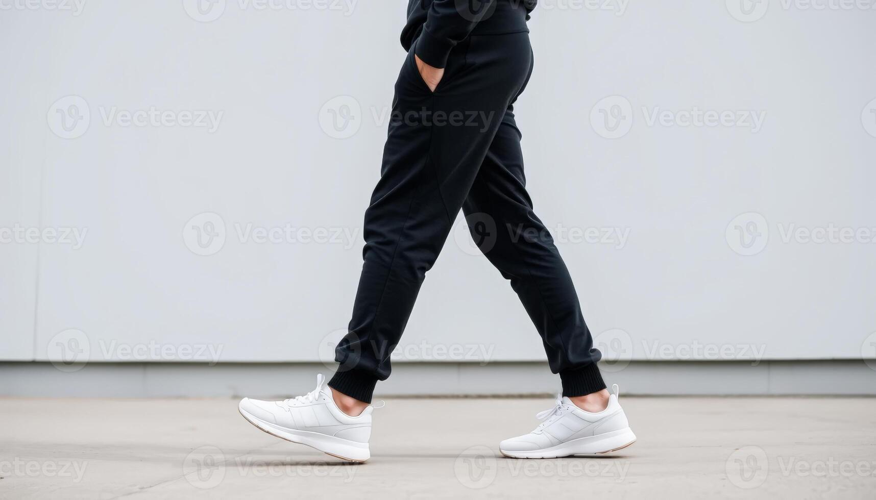A person walks with hands in pockets, wearing black joggers and white sneakers against a plain background. The focus is on casual streetwear and active lifestyle. photo