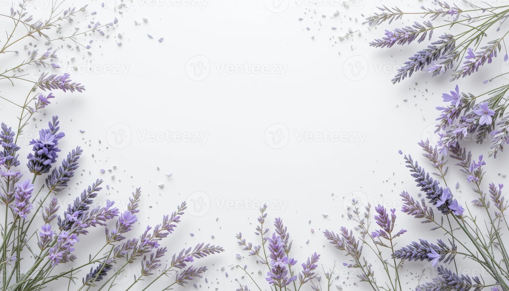 Lavender flowers creating a delicate border on a white background. The image highlights fresh lavender sprigs with scattered petals, offering a serene and calm visual. photo