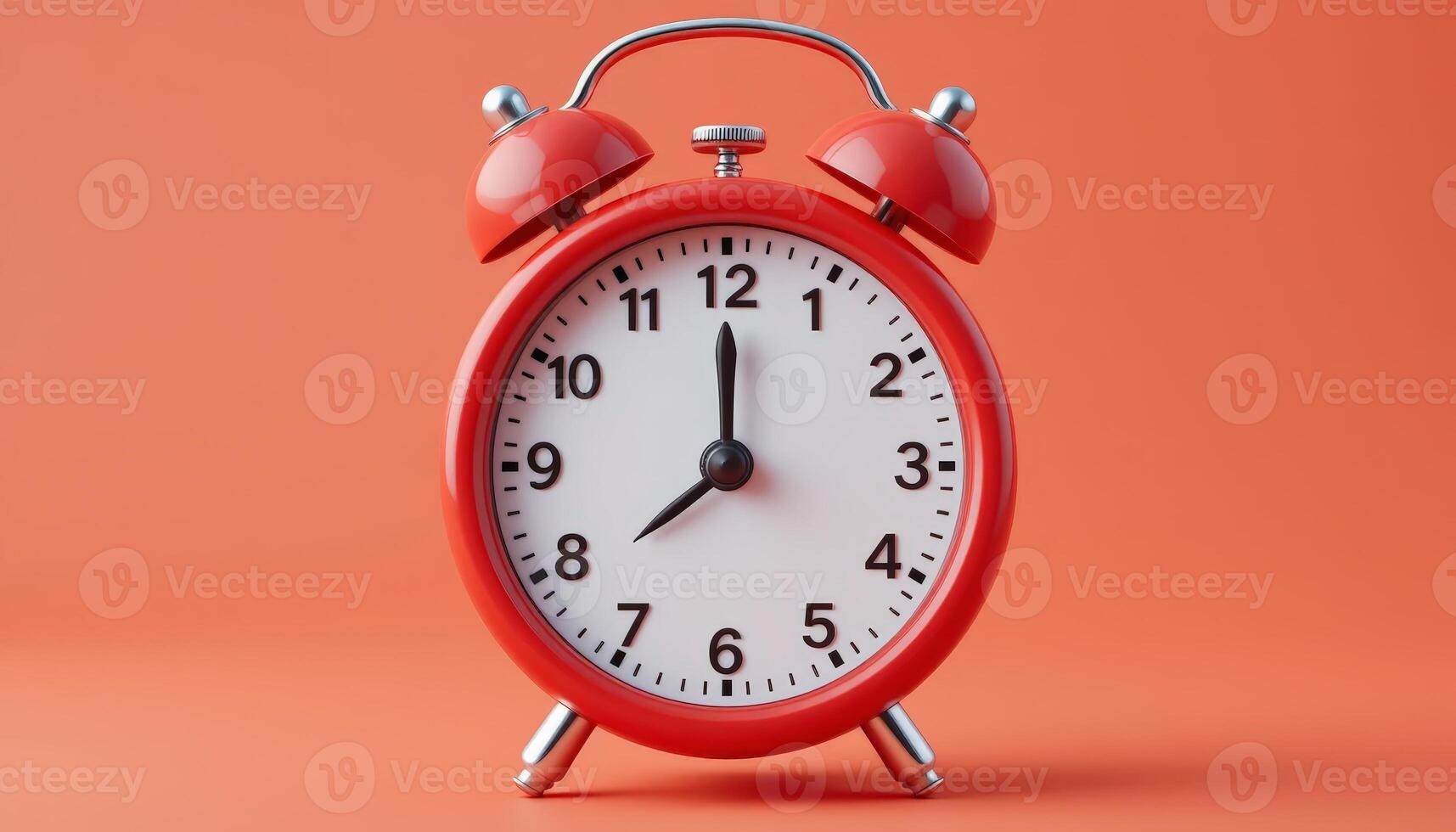 Classic red alarm clock against a bold background. Represents time management, punctuality, and wake-up routines. Ideal for concepts of urgency or daily schedules. photo