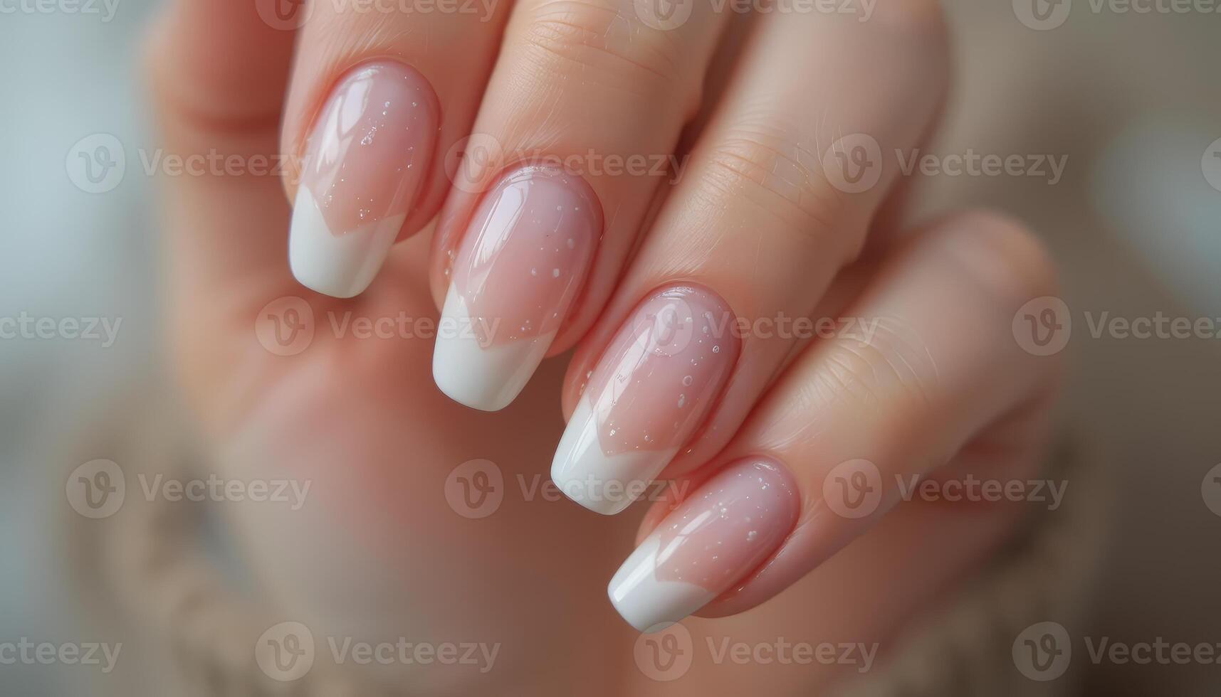 Close-up of beautifully manicured nails featuring French tips with a glossy finish. Ideal for beauty blogs, salons, and nail care advertising. photo