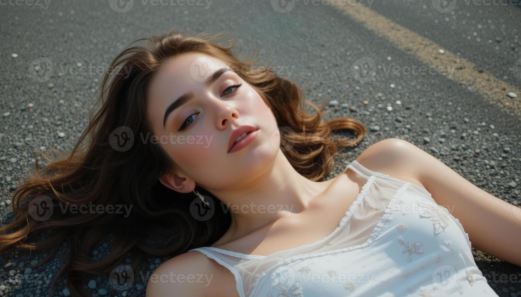 A young woman lies on a pavement with a thoughtful expression, wearing a delicate white top. Her relaxed posture suggests a moment of contemplation or rest. photo