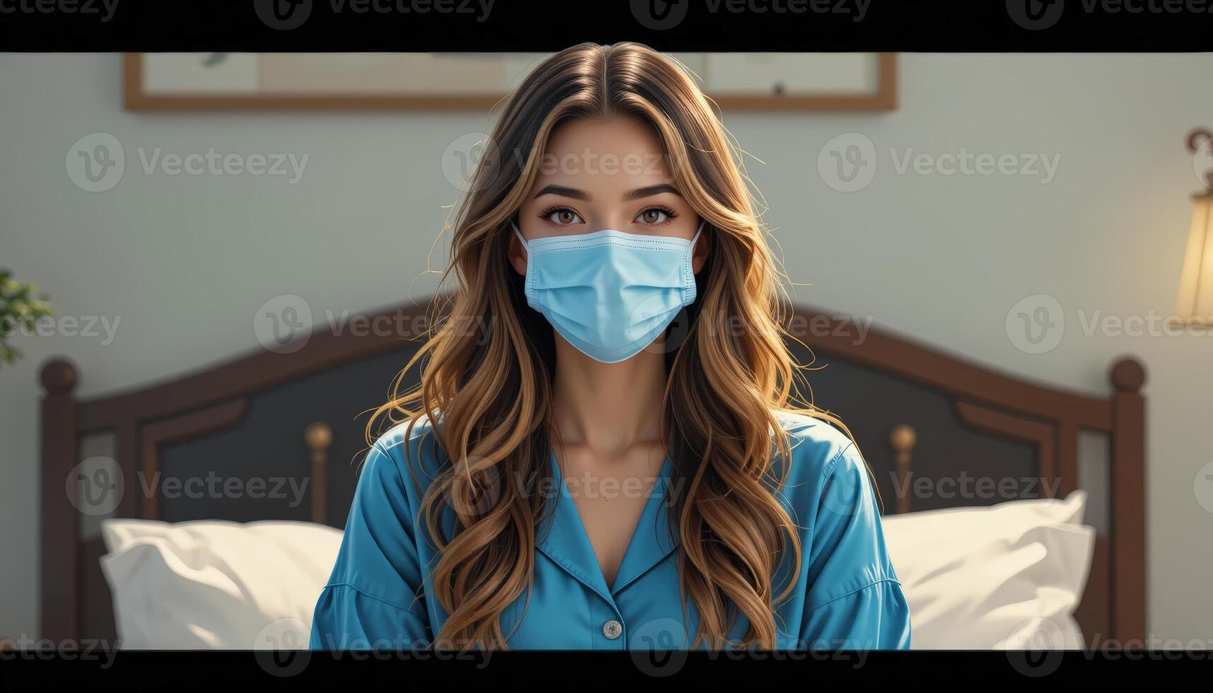 A woman in blue pajamas and a mask sitting on a bed, conveying themes of health, wellness, and self-care during challenging times. photo