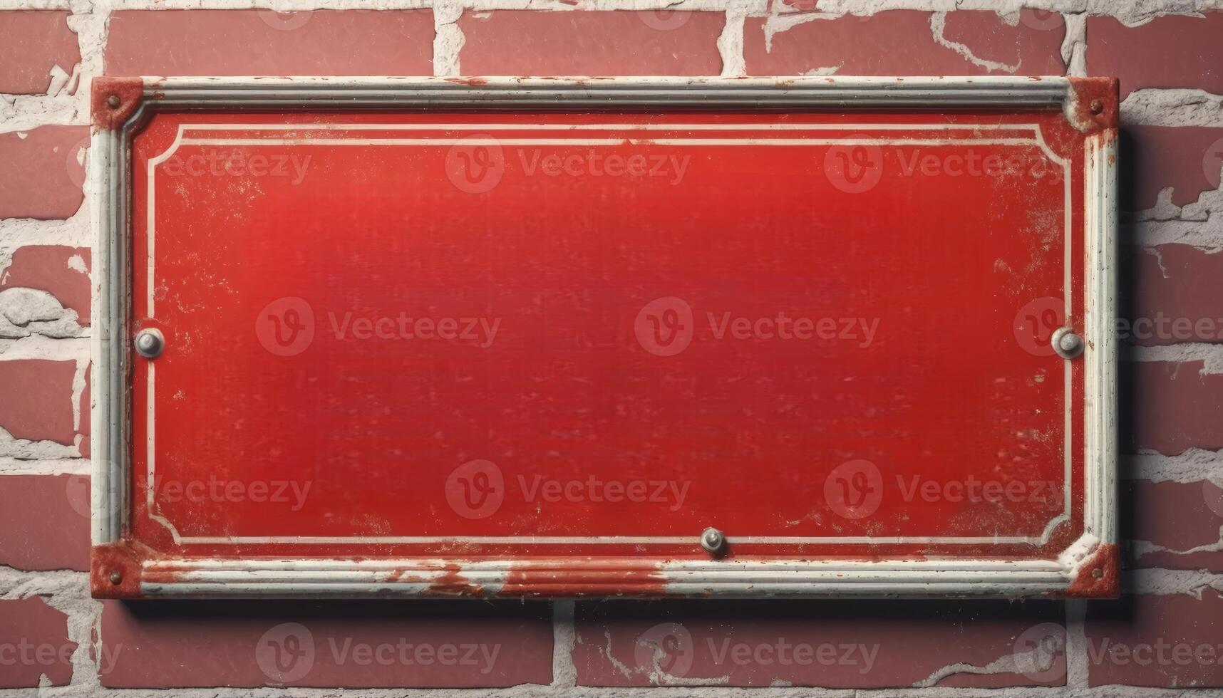 A red metal sign with a worn texture attached to a brick wall. The vintage style and rusty appearance suggest an aged look ideal for industrial or retro themes. photo