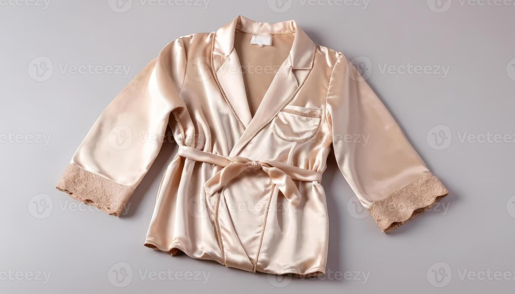 Luxurious beige silk robe elegantly displayed against a soft background. Features delicate lace cuffs and a sash tie, highlighting its smooth fabric and stylish design. photo
