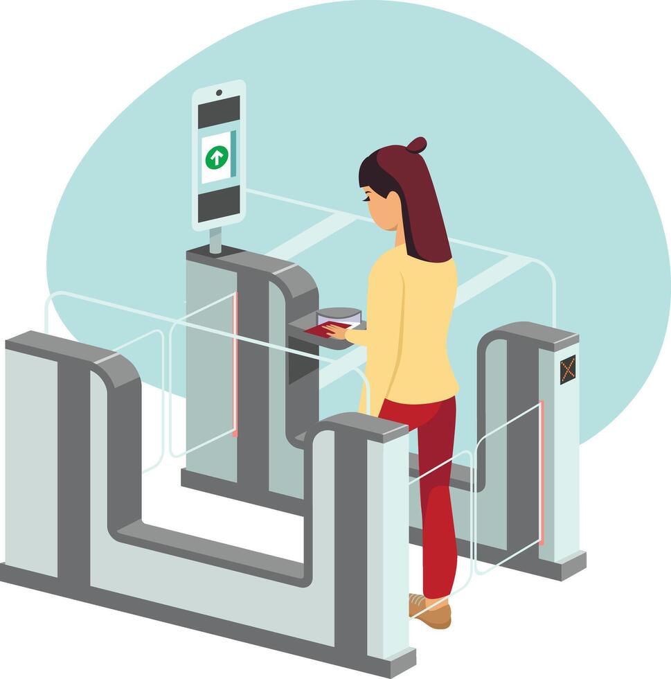 A woman standing at a turnstile with a phone vector