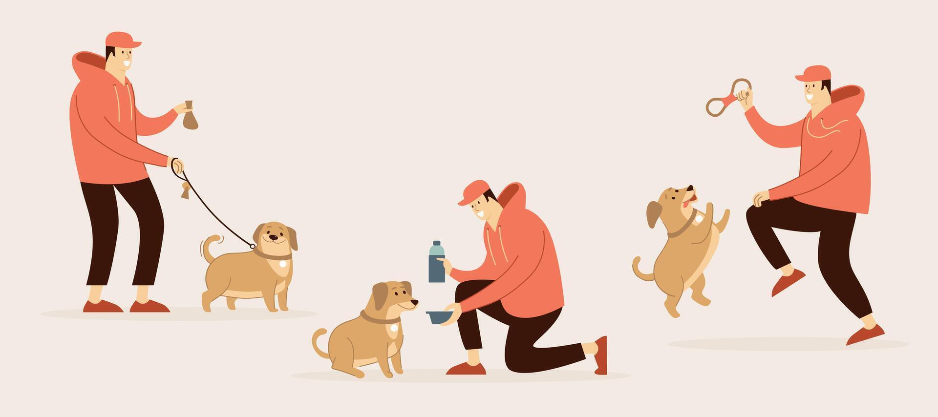 Man with dog and bottle of beer illustration vector