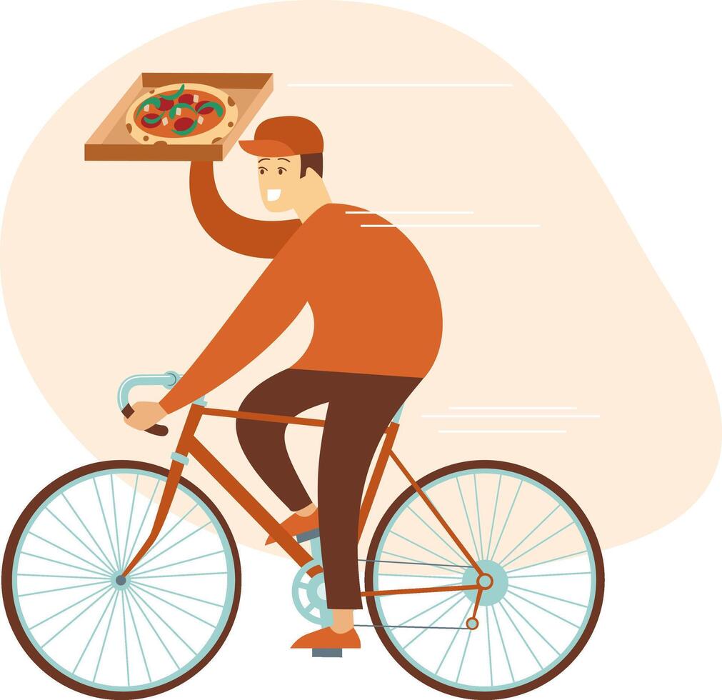 A man riding a bike with a pizza on the front vector